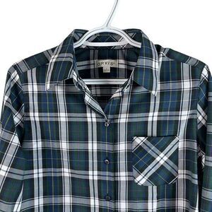 Orvis Button‎ Up Shirt Top Womens 8 Blue Green Tartan Plaid Cotton Blend Stretch
